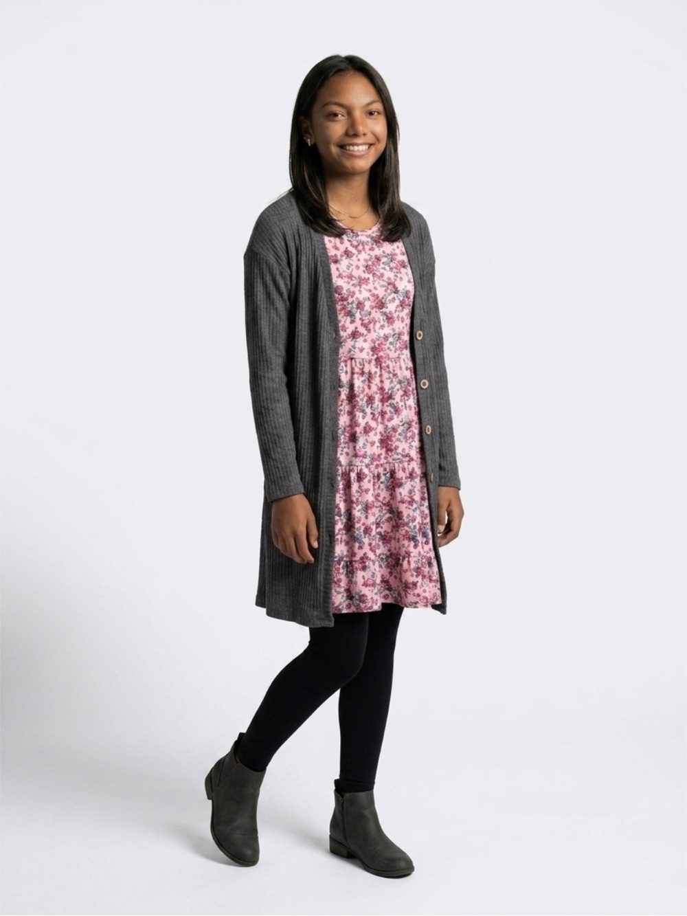 Moon & Stars Girls Pink Floral Dress & Gray Ribbed Cardigan Set Size 14